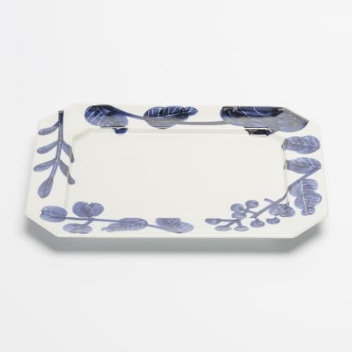 Hasami ware "Mitsuharugama" rectangular plate, approximately 23cm wide x 18cm deep, microwave and dishwasher safe, Fururu Blue with floral pattern, Ma