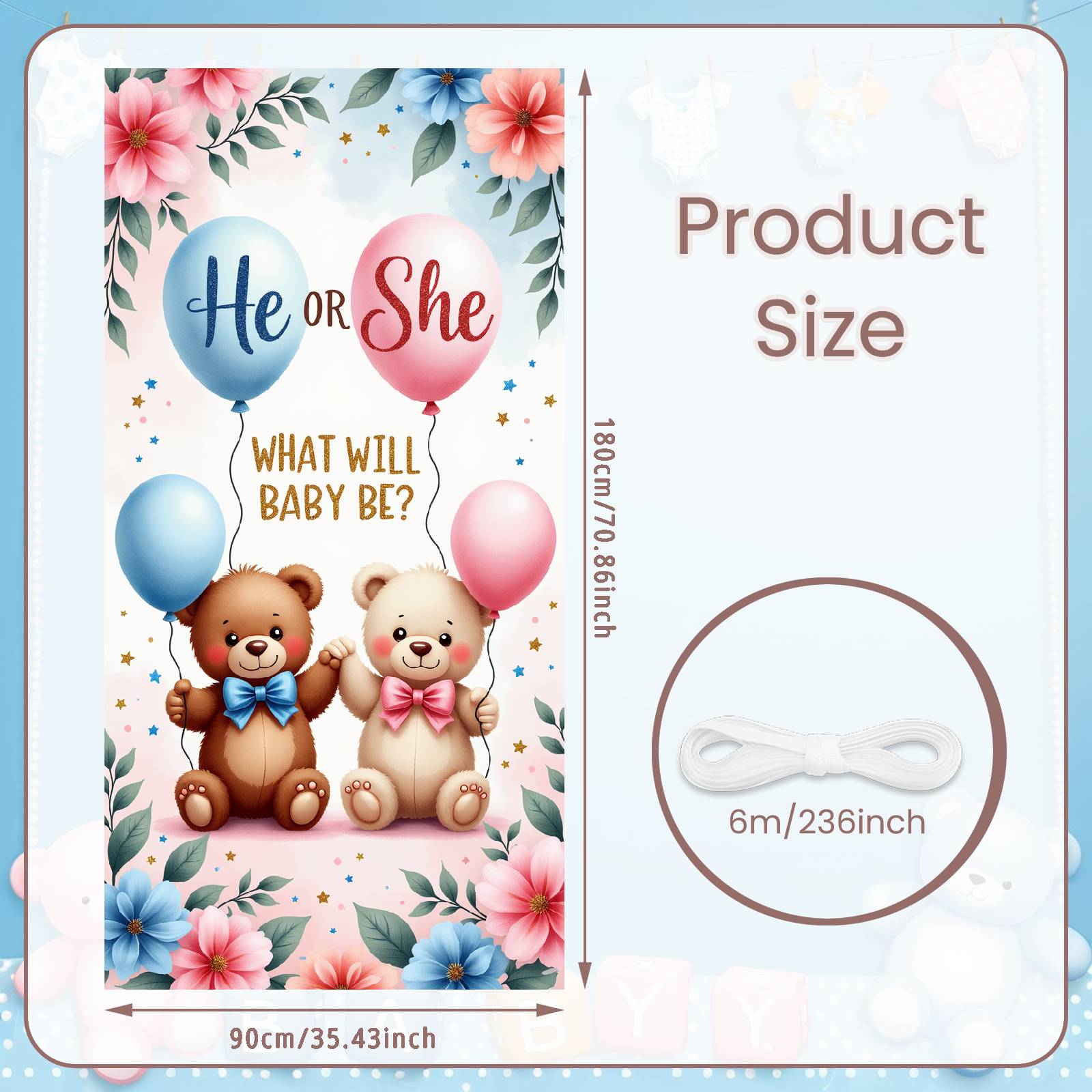 He Or She Banner Cute Bear Design Reveal Event Backdrop Gender Announcement Banner Glitter Lettering Gender Reveal Banner