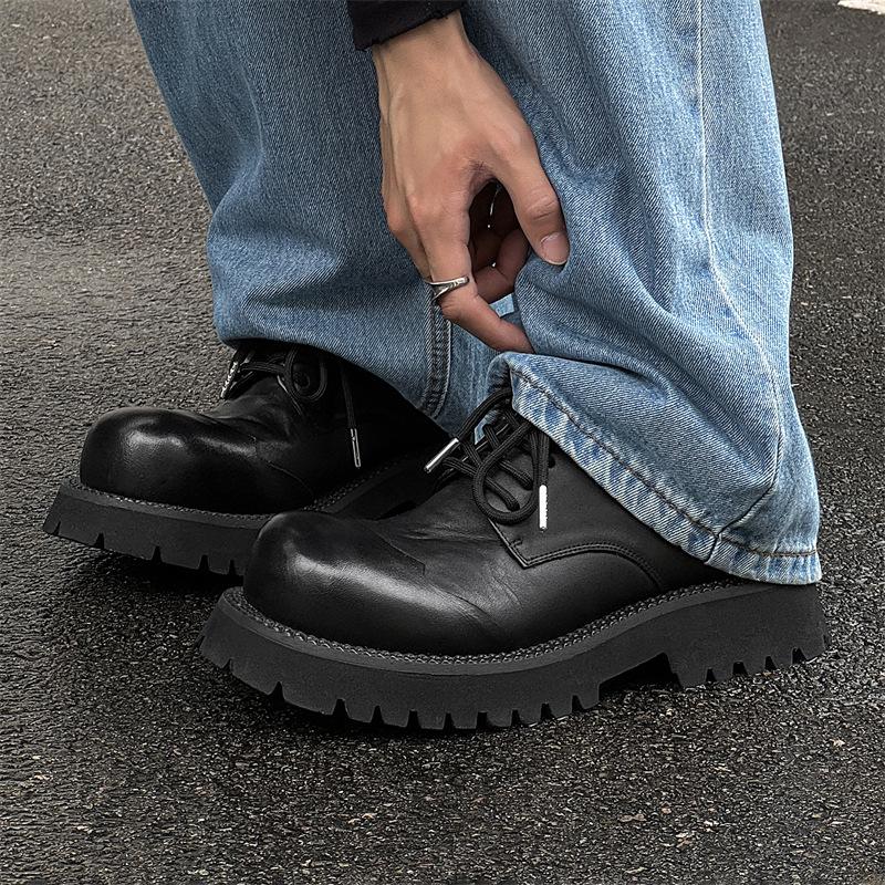 2024 Men's Genuine Leather Round Toe Derby Shoes - British Style, Thick Sole, Black Boots