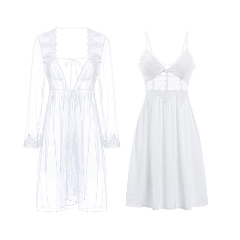 Women's Satin Deep V Push Up Padded Sleep Dress with Mesh Robe Lingerie Set