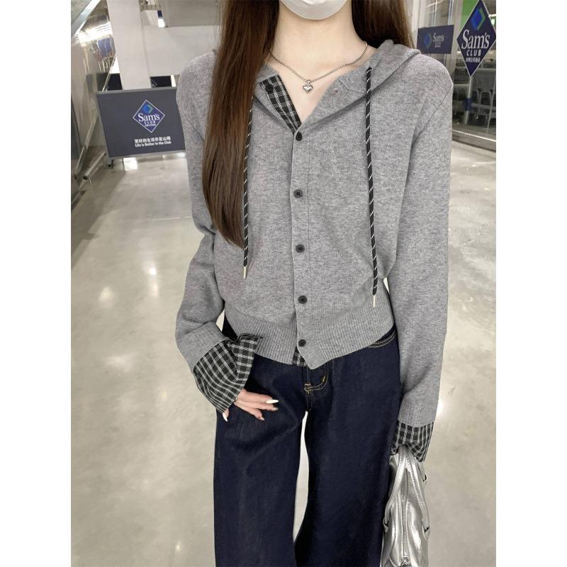 

Fashionable age-reducing cardigan plaid splicing hooded knitted top autumn and winter casual long-sleeved button-up jacket women S