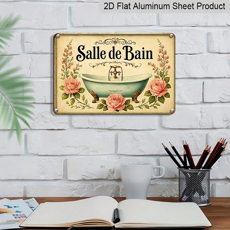 2D Flat Vintage French Bathtub Wall Plaque with Pink Roses & Green Foliage - Bath Sign, Metal Wall Art Suitable for Bathroom or Multi-Room Decor