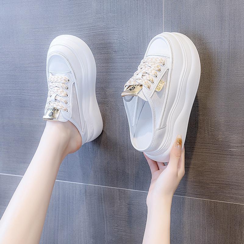 Lazy thick-bottomed muffin heightening baotou half slippers women's little white outer wear fashion 2025 summer new mesh small man