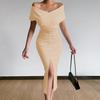 Women Dress Strapless Off Shoulder with Belt Solid Color Party Evening Dress for Office