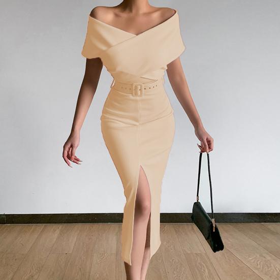 Women Dress Strapless Off Shoulder with Belt Solid Color Party Evening Dress for Office