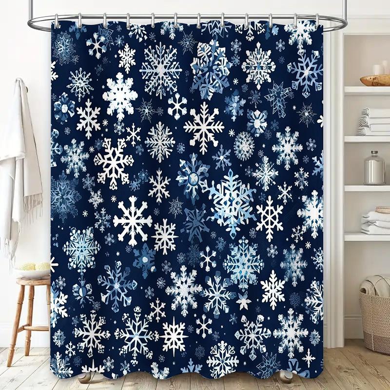 Winter Snowflake Shower Curtain Christmas Decor for Bathroom, Navy Blue with White Flakes 72x84 inches Waterproof Fabric 1 Piece