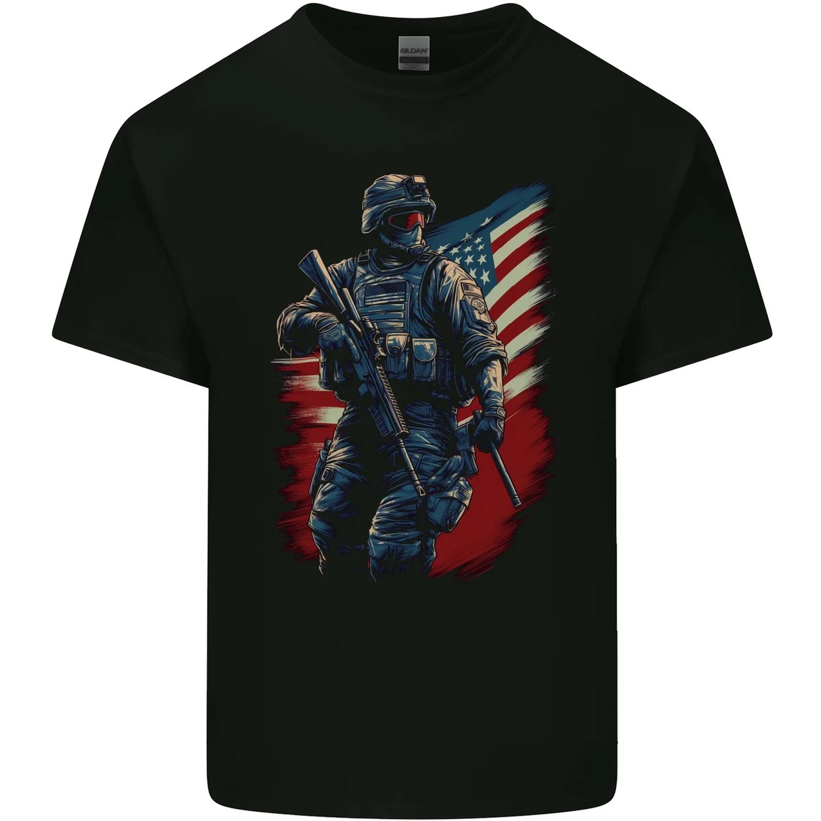 An American Soldier With USA Flag Army Marine Kids T-Shirt Childrens L