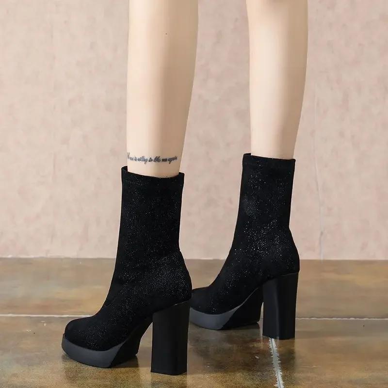 Fashion Elastic Black Pointed Toe Half High Boots for Women Quality on Promotion Y2k Winter 2024 Novelty Pu Cosplay Mid Calf Shoes Woman