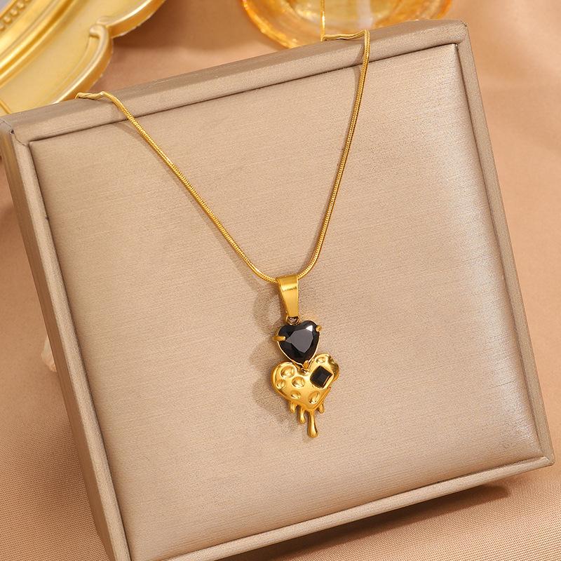 Titanium Steel Necklace, Bracelet, Earrings, Ring, Luxury-style Set with Sparkling Diamonds, Heart-shaped Design