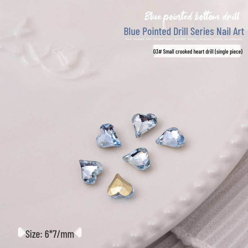 Elegant Blue Crystal Nail Art - Large & Irregular Rhinestone Accessories with Crooked Peach Hearts
