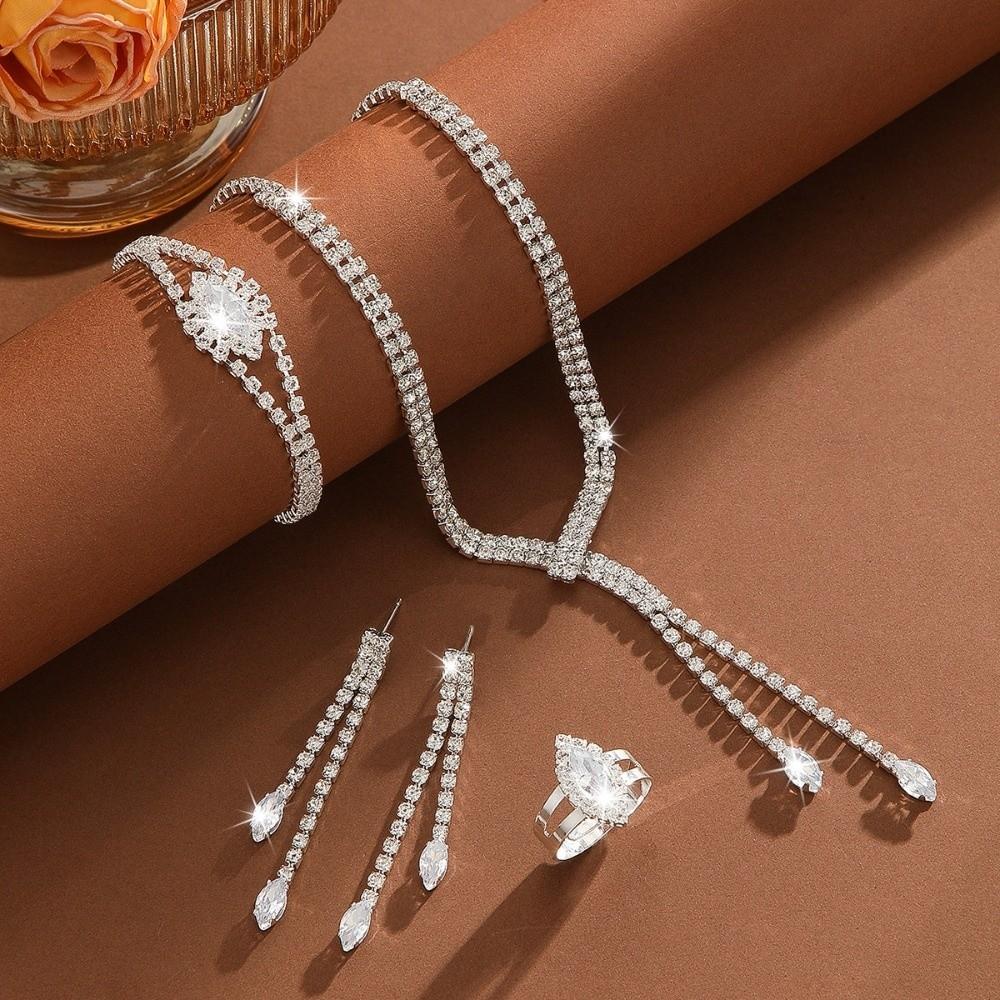 4PC Simple Necklace Earrings Bracelet Ring Set Sparkling Women's Fashion Jewelry Kit  Gift