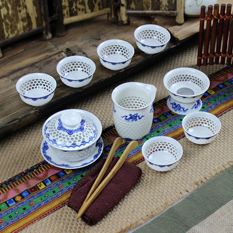 Exquisite 10-Piece Honeycomb Ceramic Kung Fu Tea Set with Teapot, Gaiwan, and Cups In a Gift Box.