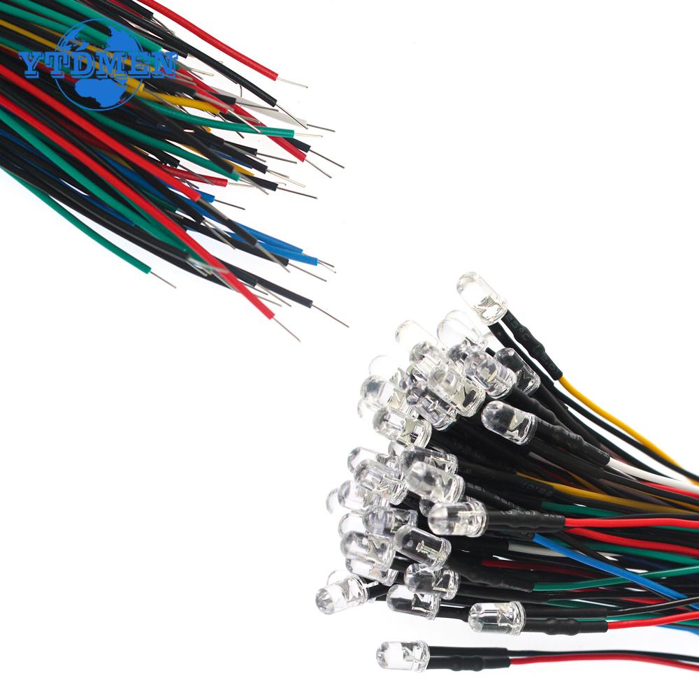 50PCS Pre Wired Led 12V 5mm LED Diode Lights 20CM Prewired 5 Colors X 10pcs  DIY Emitting Diodes Kit White Red Green Blue Yellow