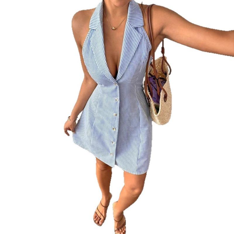 Summer Halter Strap Bow Striped Beach Shirt Dress Single-row Button Printed Backless A-shaped Sexy Suspender Party Dress Slim Mini Dress for Women