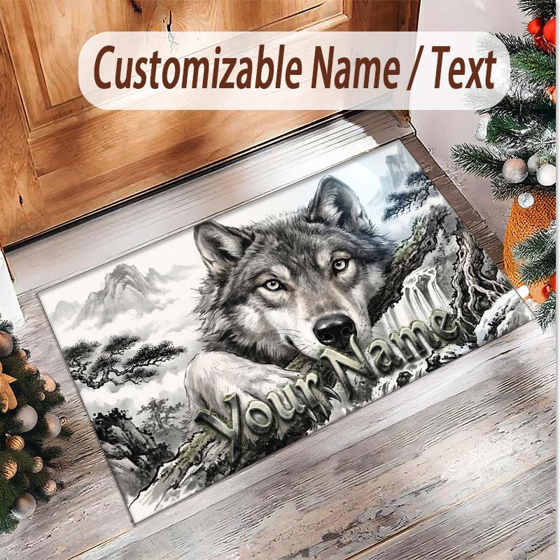 Wolf Theme Soft Crystal Velvet Rug Custom Name & Text Print Non Slip Floor Rug for Bedroom Living Room