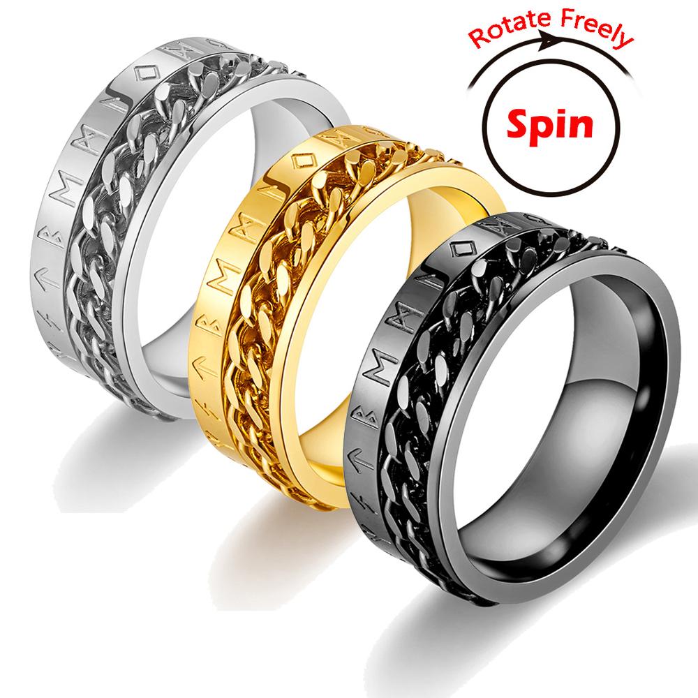 Fashion 8mm Stainless Steel Chain Spinner Fidget Rings for Women Men Vintage Norse Viking Runes Rings Retro Amulet Jewelry Gifts