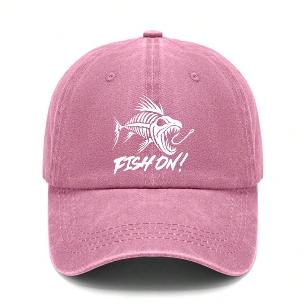 [Fishing Baseball Cap] Vintage Washed Unisex "FISH ON!" Print Polyester Adjustable Curved Brim Outdoor Sports Hat For Camping Beach Daily Wear - Dad