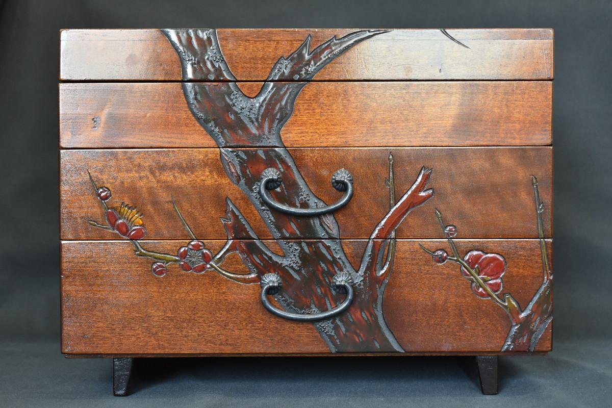 Vintage Wooden Hand Carved Sewing Box Small Drawers Traditional Craft