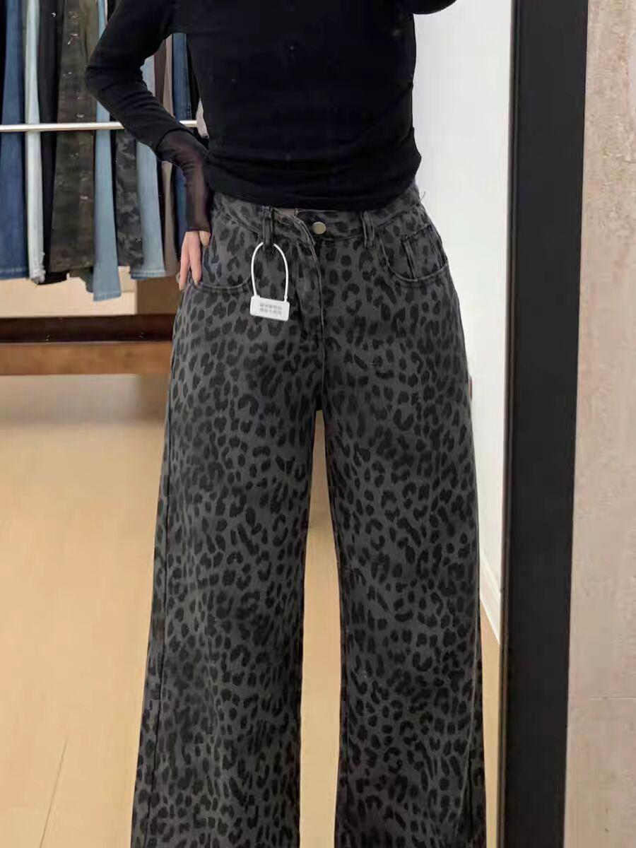 

Black and Gray Leopard Print Women s Retro High-Waisted Jeans - Loose, Slimming, Straight and Narrow/Wide Leg Options for Spring and Autumn. 2XL цветной печати леопарда