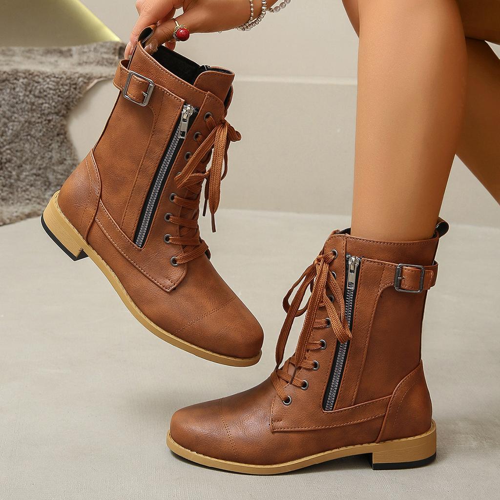 Martin Boots Autumn and Winter Flat Large Size Belt Buckle Low Heel Short Boots Women