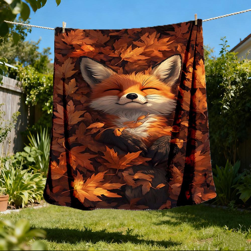 1pc Autumn Leaves, Fox Print Outdoor Blanket, Lightweight Polyester,