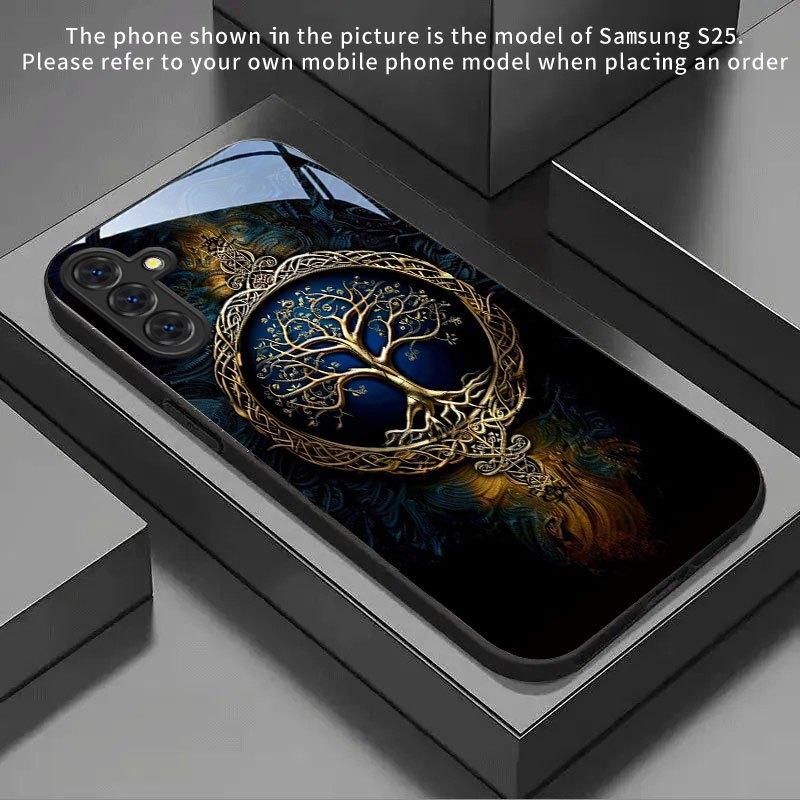 Blue Gold Life Tree Pattern Tempered Glass Phone Case Suitable for Samsung Galaxy S26 S25 S24 S22 S21 S20FE/Ultra/Plus Anti Drop