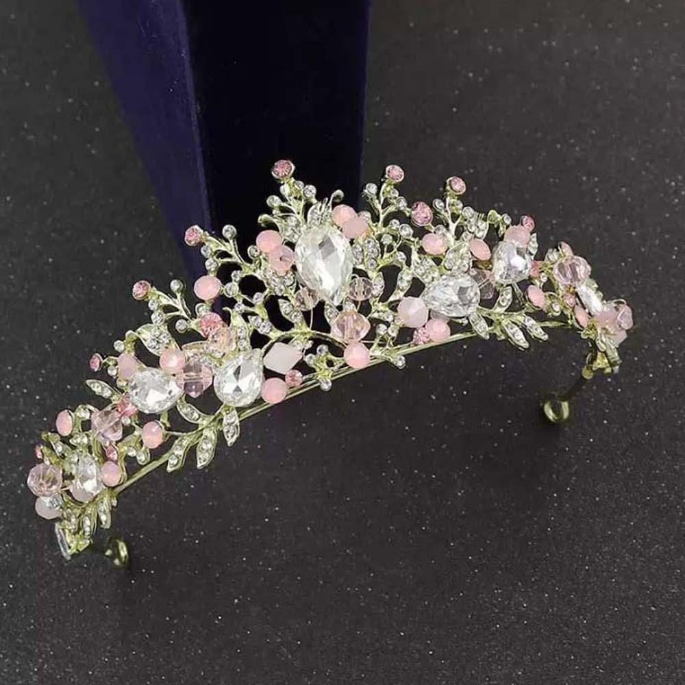 Vintage Pink Floral Crown Shiny Elegant Crown Hair Accessory Hair Ornaments Alloy Princess Rhinestone Tiara