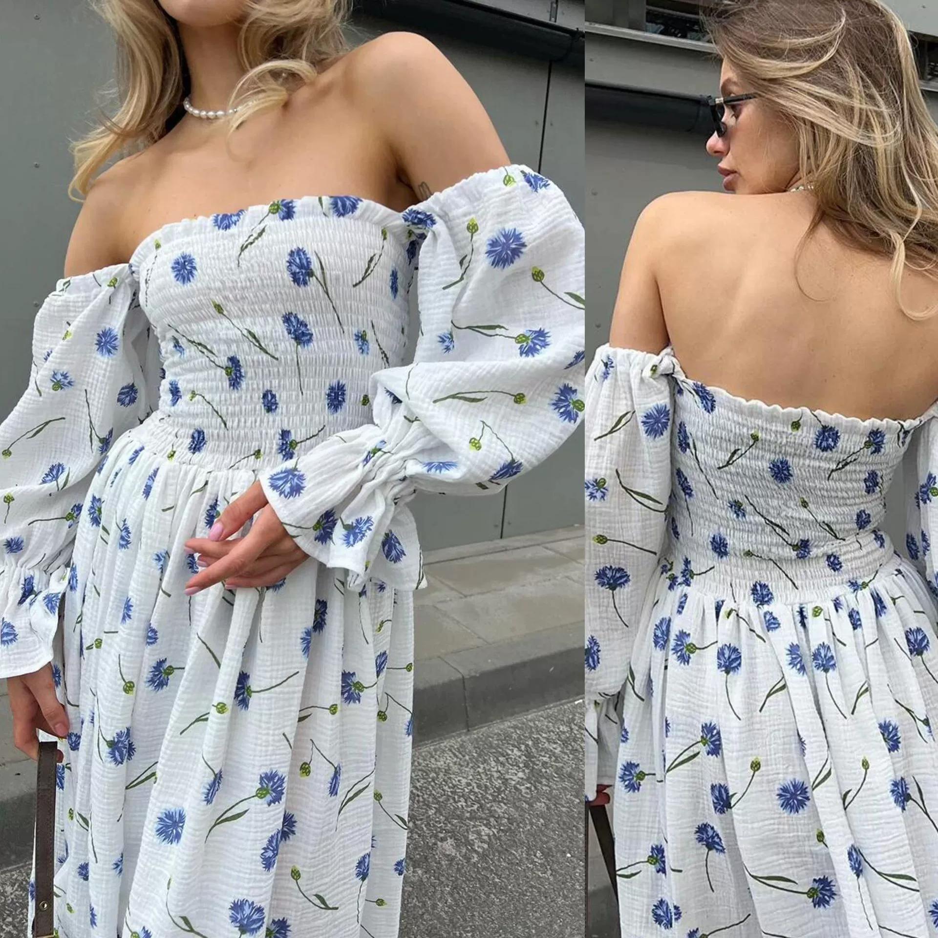 

Женское осеннее цельнокроеное платье с воротником, цветочным принтом, плиссировкой и рукавами-фонариками с длинными рукавами XS синий