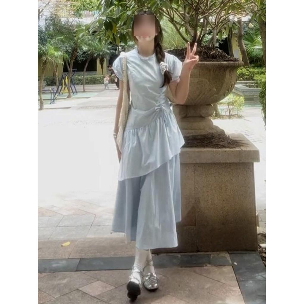 New summer irregular blue dress children's French temperament unique beautiful waist pinch cake long dress looks thin
