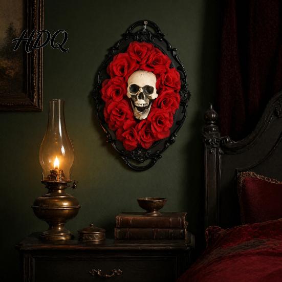 Retro Gothic Skull Decor Halloween Wall Decoration Vintage Red Rose Frame Sculpture Aesthetic Art Horror Spider Web Ornament for Holiday Party