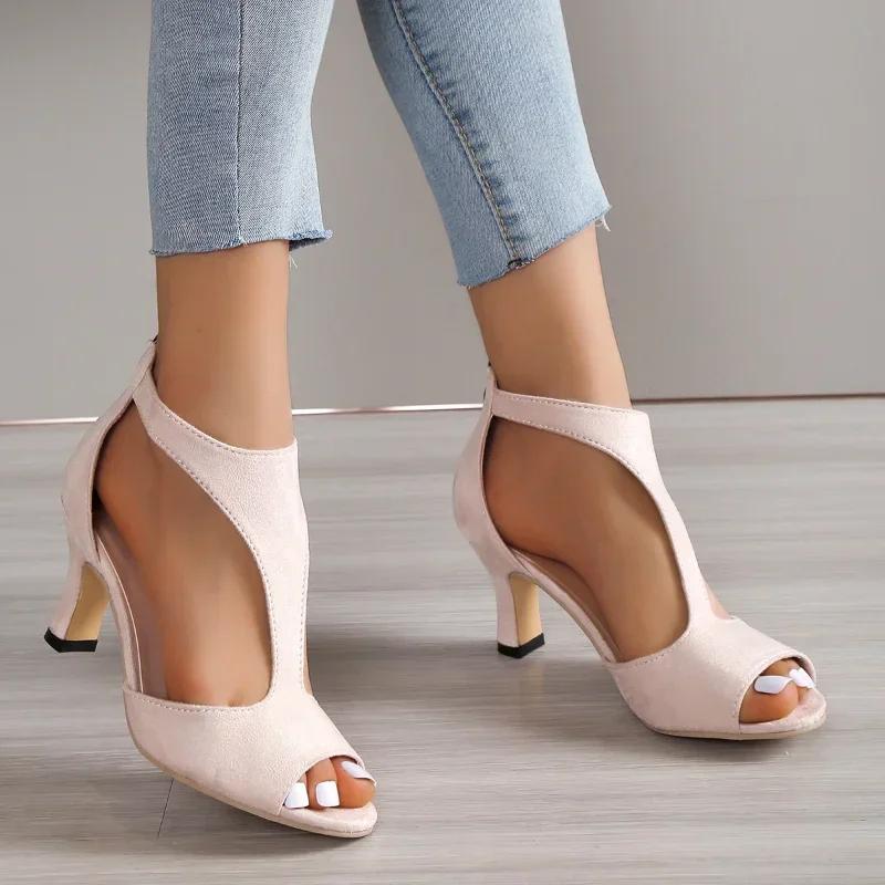 Fashion 2025 Summer New Brushed Leather Fish Mouth Sandals Women's Back Zipper Sexy Solid Color Comfortable High Heel Single Shoes Women