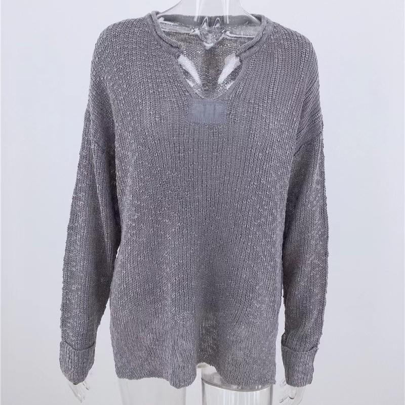 IHUASU Autumn and Winter V-neck Women's Knitted Loose Solid Colour Fashion Pullover Jumper