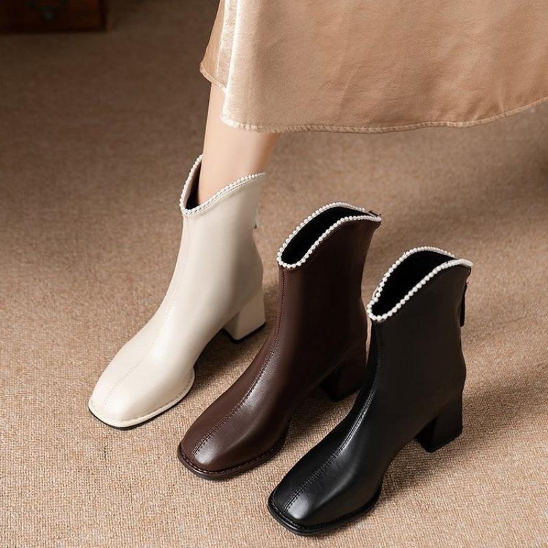 Fashion Square Toe Block Heel Booties Winter New Beaded Rear Zipper Anti-Slip Wear-Resistant High Heel Boots
