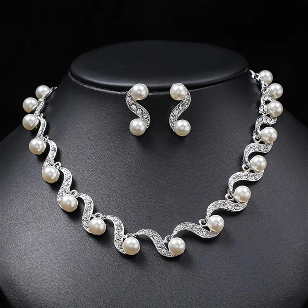 Ladies Elegant Imitation Pearl S-Shape Necklace Earring Set Bridal Clavicle Chain Jewelry for Weddings Women Jewelry Gift