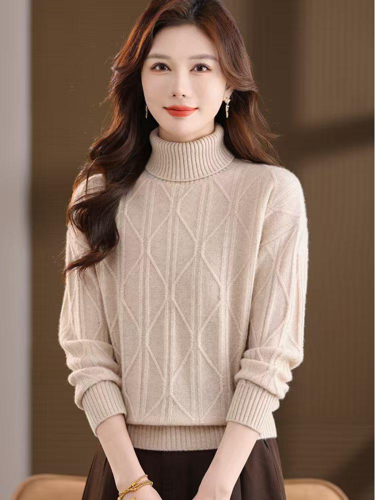 

2025 Diamond Pattern High Neck Wool Sweater - Loose, Comfortable, Autumn/Winter Fashion. XL бежевый