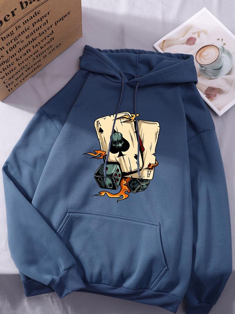 Skeleton Dice Card Printing Hoodies Womens Comfortable Loose Sweatshirts Casual Soft Pullovers Winter Fleece Warm Womans Clothes