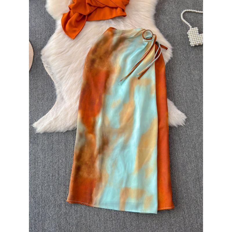 Summer Dopamine Sling Vacation Style Gradient Orange Tie-Dye Skirt Knotted Design Niche Style Long Skirt Two-piece Set