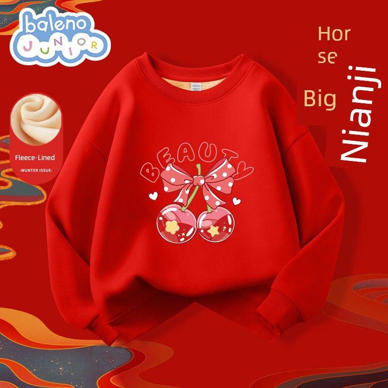 Baleno Kids Girls  Fleece Sweatshirt Autumn/Winter 2026 New Children s Crew Neck Top Big Kids New Year Outfit Red # Tb Red Cherry 110 cm