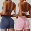 Women Halter Neck Two Piece Yoga Set High Waist Workout Shorts Outfit