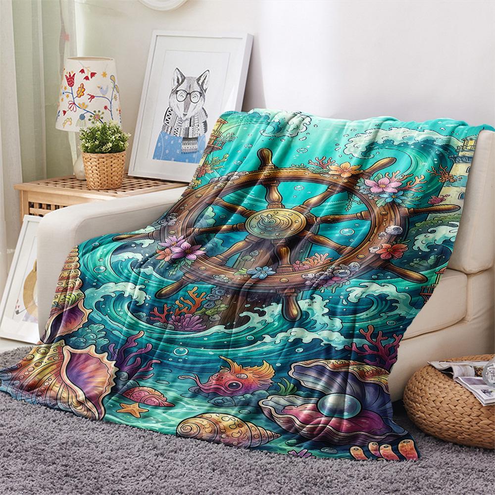 1PC Ships and seashells Print FlAannel Blanket, High quality Comfortable for All Seasons, Home Decor, Warmth and Comfort