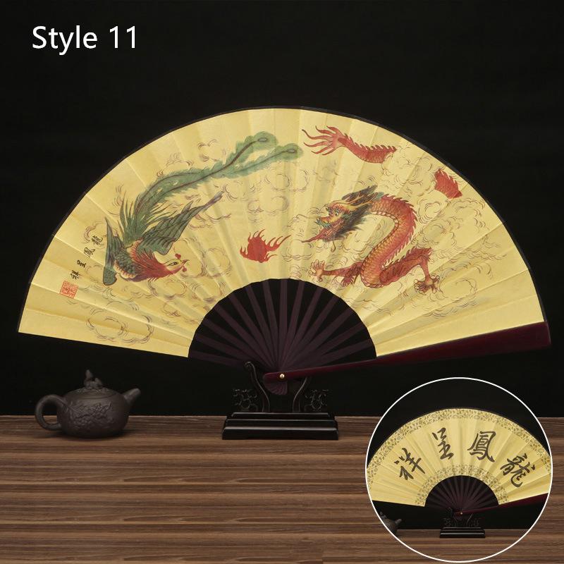 10-Zoll-Vintage-Bambusfächer, chinesischer faltbarer Seidenstoff-Fächer, Muster, Kunsthandwerk, Hochzeit, Tanz, Handfächer