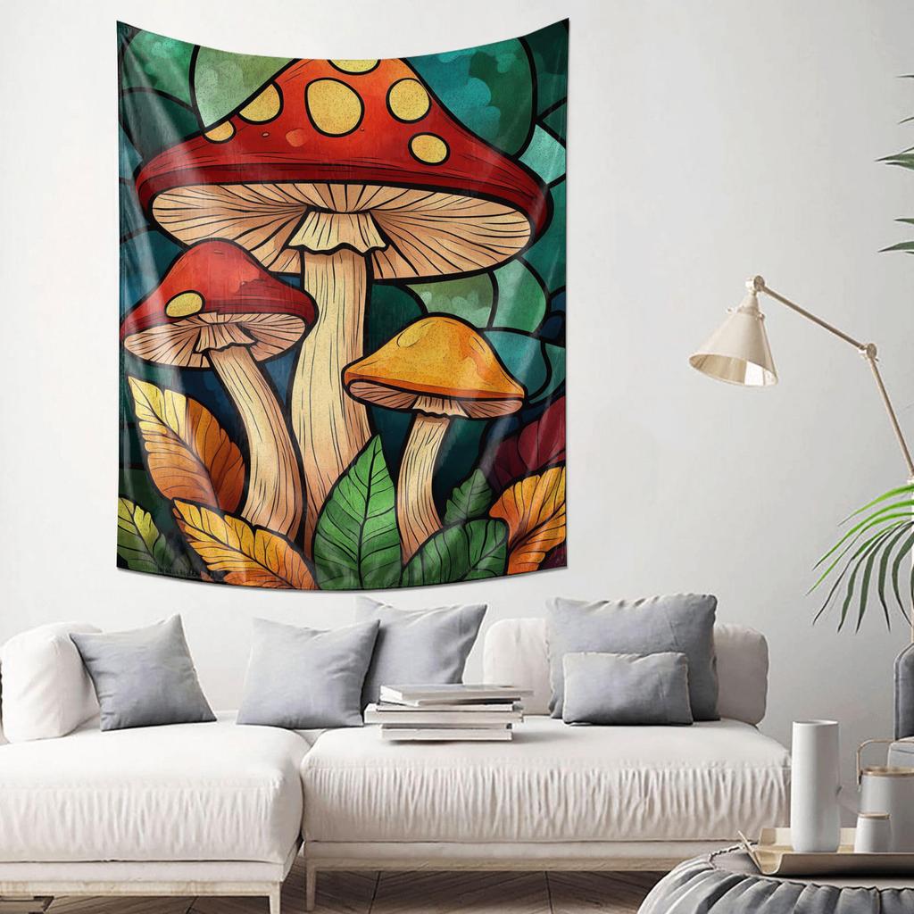 Psychedelic Art Style Mushroom Wall Hanging Colorful Leaf Decor Tapestry