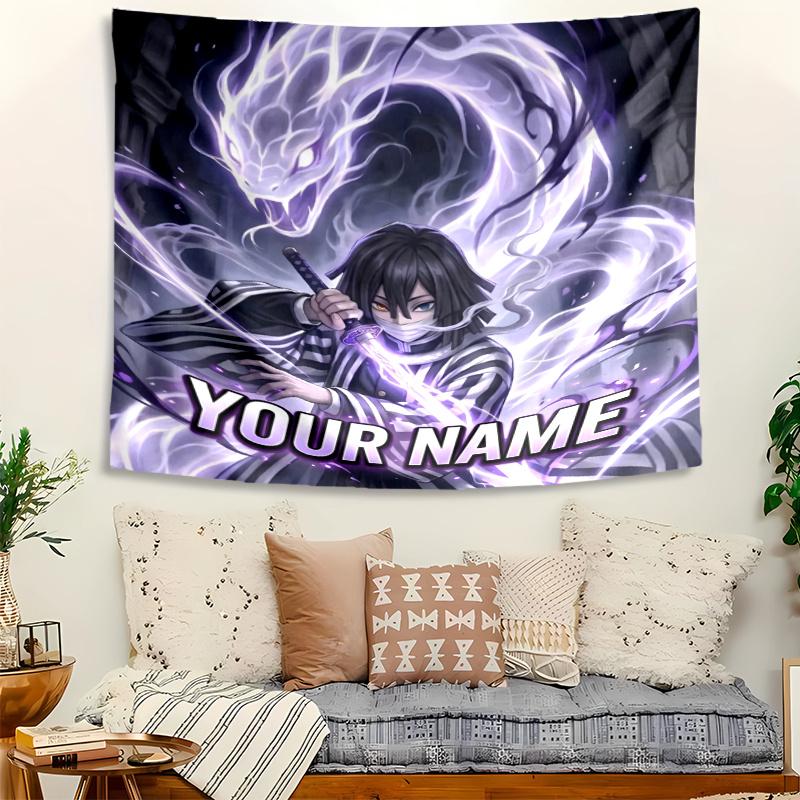 Iguro Obanai Tapestry with Custom Name Wall Hanging Room Background Cloth Home Decor Beach Mat Yoga Mat Sofa Bed Sheet