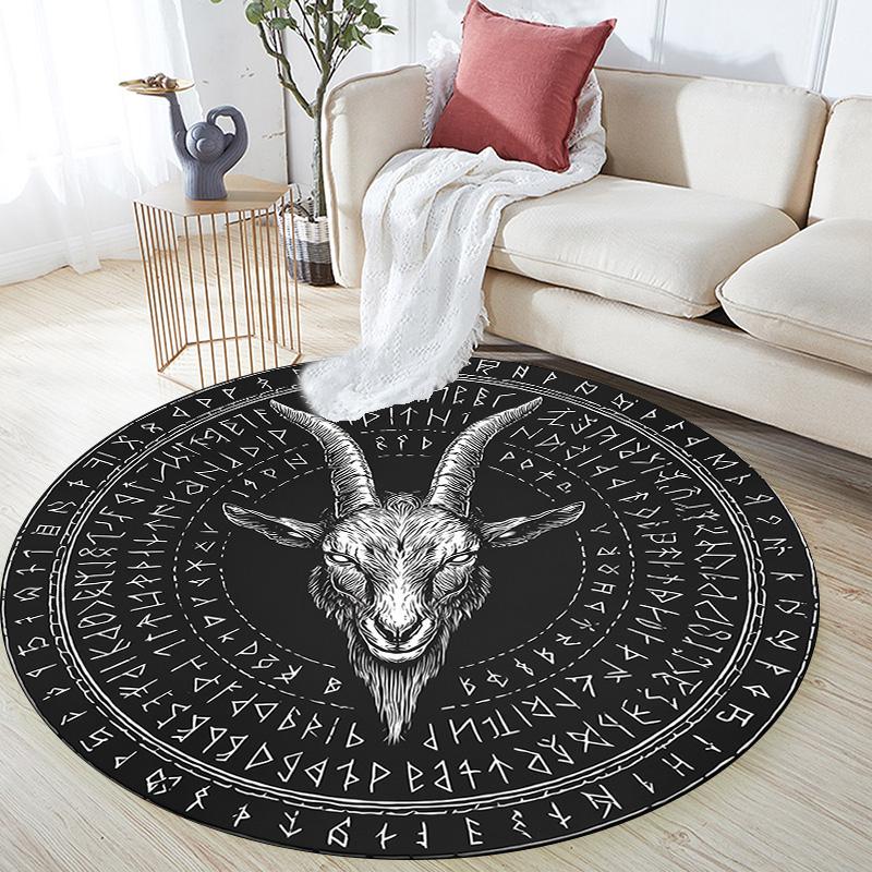 Tappeto Rotondo con Testa di Ariete Runica, Tappeto per Soggiorno Camera da Letto Divano Sala Giochi Decorazione, Tappetino Antiscivolo