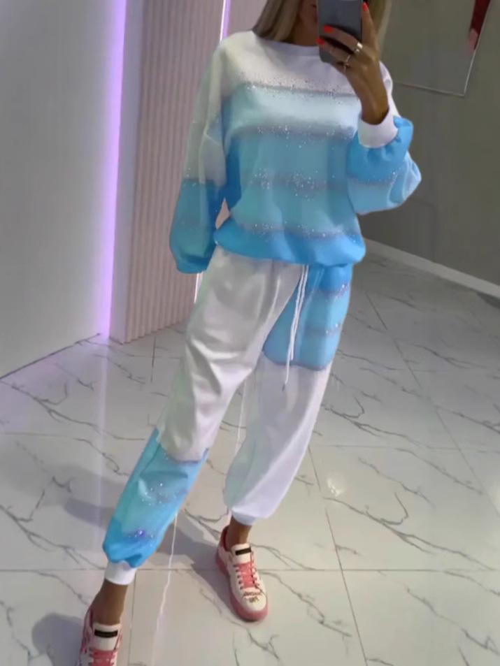 European & American Women's Casual Sprinkle Stripe Top & Drawstring Pants Set - 2025 Collection