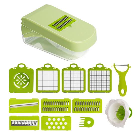 Gemüsehacker mit 8 Klingen Julienne-Schneider Würfelschneider Reibe Schäler Edelstahl Zwiebelhacker Unverzichtbares Küchenwerkzeug für Kartoffeln Karotten Zwiebeln