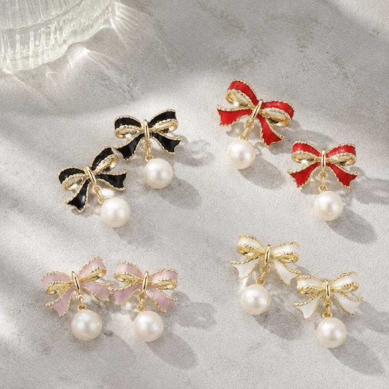 Black and Red Imitation Pearl Bow Drop Earrings for Women Geometric Wedding Party Pain… More