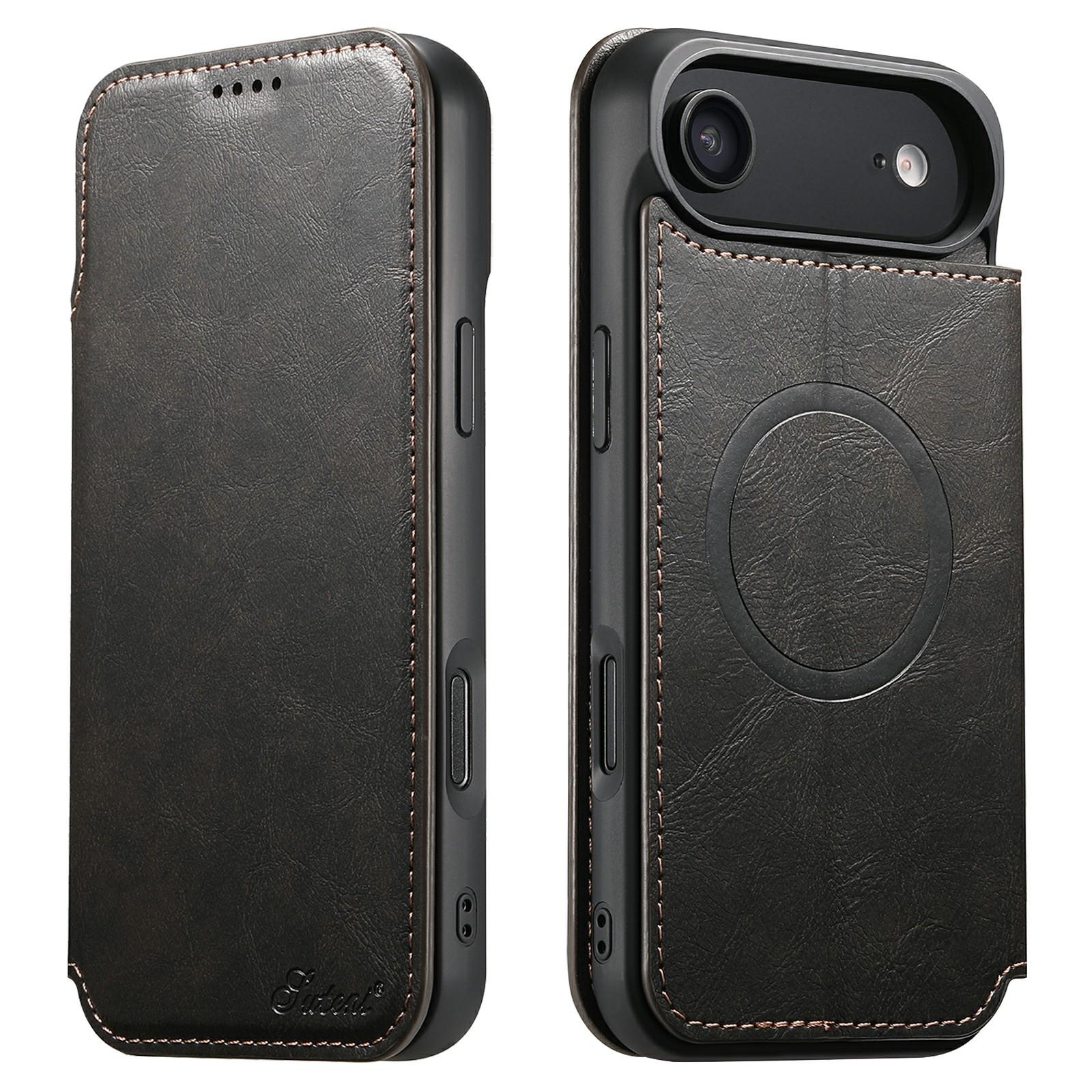 

SUTENI J05 For iPhone 17 Air Case Compatible with MagSafe Textured PU Leather Flip Phone Cover Black
