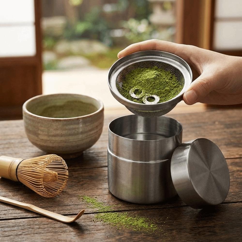 Zylindrische Matcha-Pulverdose mit Sieb Gewürzaufbewahrungsbox Teedosen Tee-Organizer