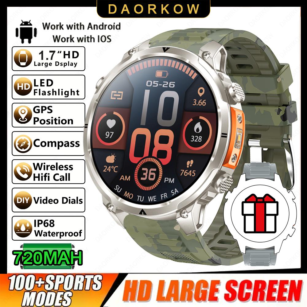 New Men GPS Smartwatch 1.7" HD Screen Military Call IP68 Waterproof 100 Sport Modes Smart Watch with 720mAh Large Battery